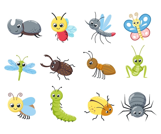かわいい虫のコレクション 面白い虫 毛虫 ハエ ミツバチ クモ 蚊 漫画のベクトルイラスト プレミアムベクター