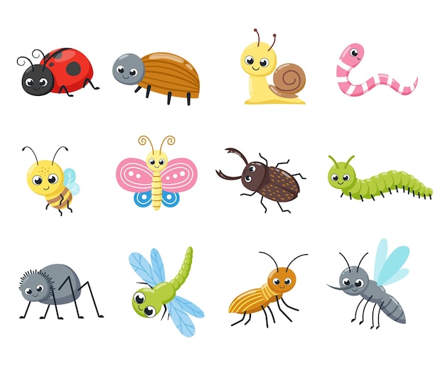 かわいい虫のコレクション 面白い虫 カタツムリ ハエ ハチ テントウムシ クモ 蚊 漫画のベクトルイラスト プレミアムベクター
