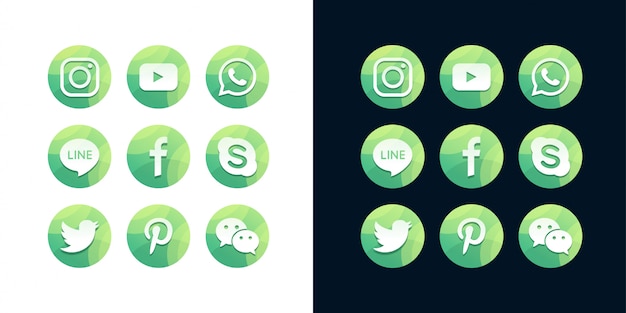 白と暗い背景に人気のソーシャルメディアアイコンのコレクション 