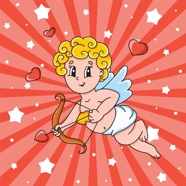 翼を持つキューピッドが飛んで 弓矢を持っています かわいい漫画のキャラクター バレンタイン デー プレミアムベクター