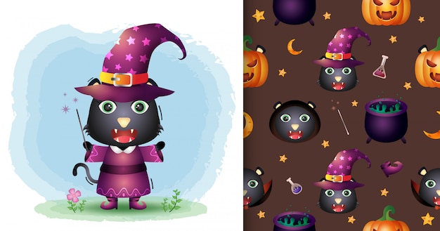 ハロウィンのキャラクターコレクションが可愛い黒猫 シームレスなパターンとイラストのデザイン プレミアムベクター