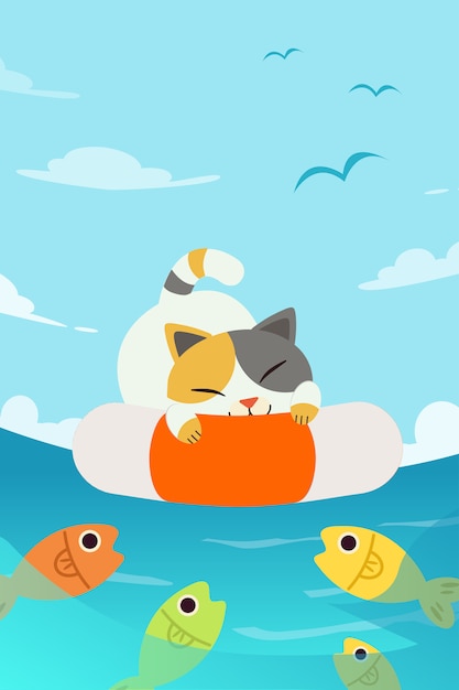 海を背景にライフリングで寝ているかわいいキャラクター猫 プレミアムベクター