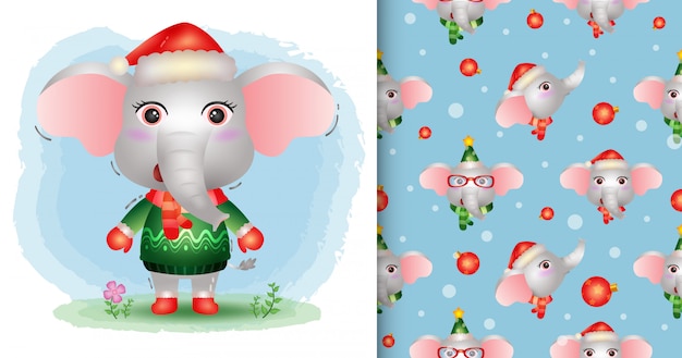 帽子 ジャケット スカーフのかわいい象のクリスマスキャラクターコレクション シームレスなパターンとイラストのデザイン プレミアムベクター