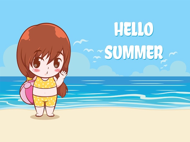 ビーチボールを持っているかわいい女の子がこんにちは夏夏の挨拶イラストを言う プレミアムベクター