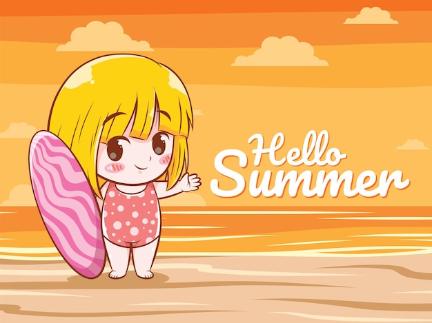 サーフィンボードを持っているかわいい女の子がこんにちは夏夏挨拶イラストを言う プレミアムベクター