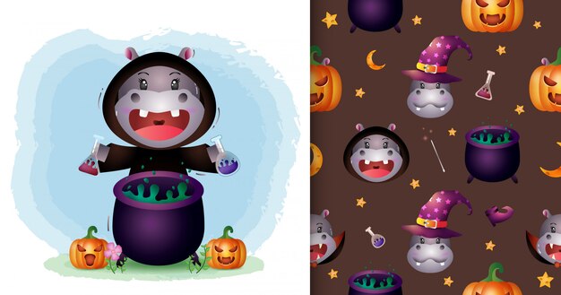 魔女衣装のかわいいカバハロウィンキャラクターコレクション シームレスなパターンとイラストのデザイン プレミアムベクター