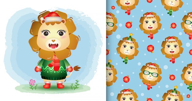 帽子 ジャケット スカーフのかわいいライオンのクリスマスキャラクターコレクション シームレスなパターンとイラストのデザイン プレミアムベクター