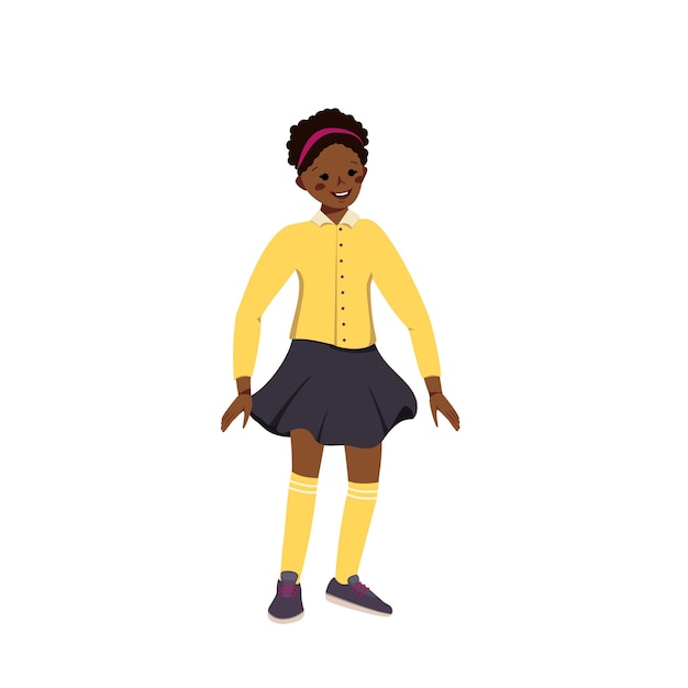 黒い肌と黒い巻き毛のスカートとシャツを着たかわいい女の子 幸せな笑顔のアフリカ系アメリカ人の子供 顔と目を持つティーンエイジャー 世界のこども の日 ベクトルイラスト プレミアムベクター