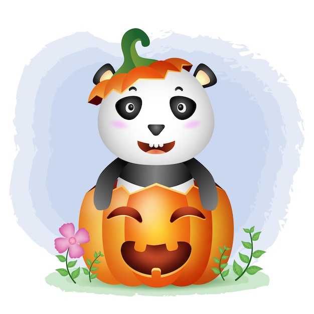 ハロウィンかぼちゃのかわいいパンダ プレミアムベクター