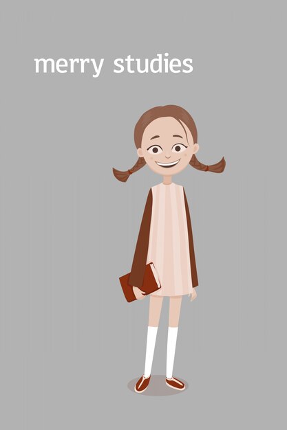 プレミアムベクター 茶色のハーネスと赤いソックスを手にしたドレスとニーソックスのかわいい笑顔の女子高生 漫画イラスト 灰色の背景に分離