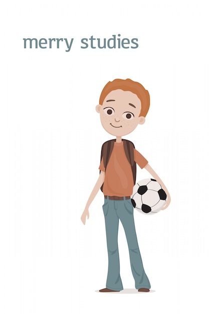 赤い髪 肩にカバン そして手にサッカーボールを持ったかわいい立っている笑顔の学校の少年 漫画イラスト 白い背景で隔離 プレミアムベクター