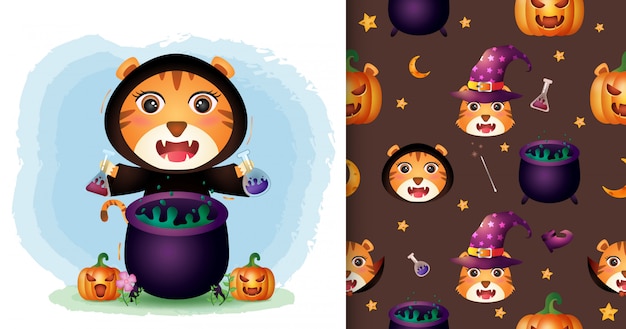 魔女衣装のかわいい虎ハロウィンキャラクターコレクション シームレスなパターンとイラストのデザイン プレミアムベクター 魔女衣装のかわいい虎ハロウィンキャラクターコレクション シームレスなパターンとイラストのデザイン プレミアムベクター