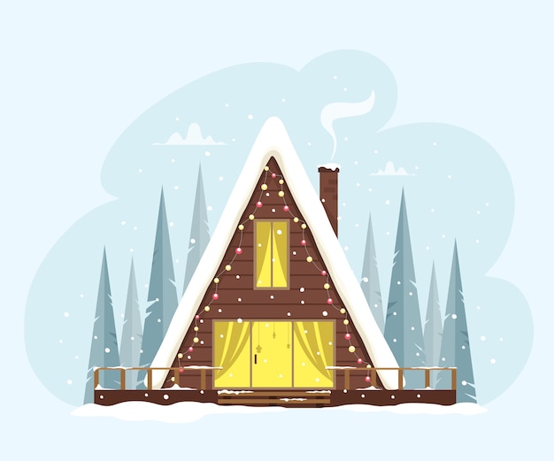 ライトで飾られた森の中のかわいい三角形の家 お祭りで居心地の良い雰囲気 フラットスタイルのイラスト メリークリスマス プレミアムベクター