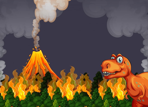 火山噴火から逃げる恐竜 プレミアムベクター