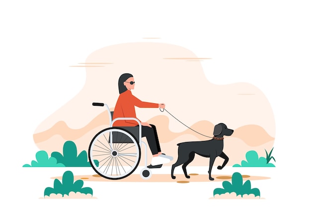 犬と車椅子の障害者の黒人女性 盲導犬と一緒に歩く プレミアムベクター