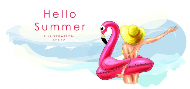 フラミンゴのインフレータブルサークルの女の子が立って海の方を向いています 女の子の背面図 水着姿の日焼け美少女 ビーチでの休暇や休暇の概念 夏の太陽が降り注ぐビーチ 潮風 プレミアムベクター