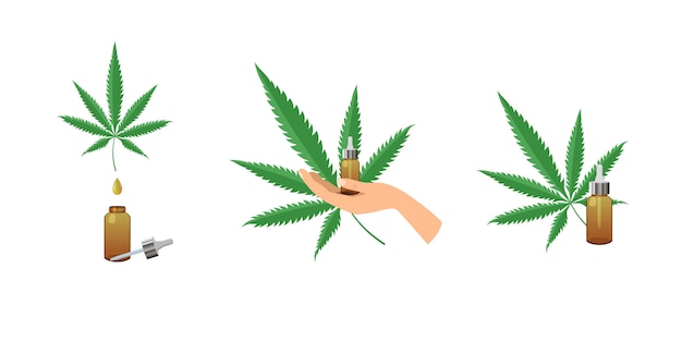 油大麻を持っている手 マリファナの葉 イラストを設定します プレミアムベクター