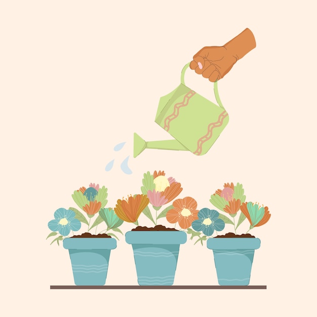 じょうろを持つ手は 鉢に植えられた花に水をやります グリーティングカードのデザインのカラフルなイラストは 生地と母の日に印刷します 植物のケアと水やり植物のコンセプト プレミアムベクター