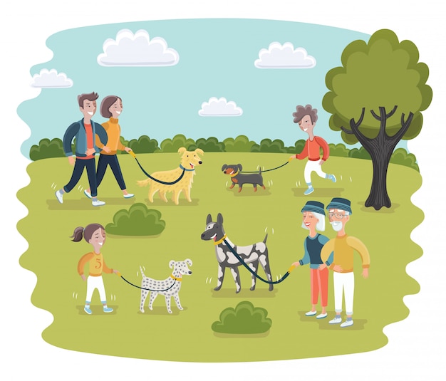 プレミアムベクター 犬の公園を歩く人のイラスト