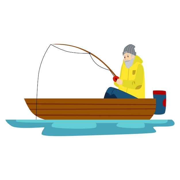 パンを持った男性漁師が湖や川で釣りをしています ボートで釣りをしている老人 漁師のイラスト プレミアムベクター