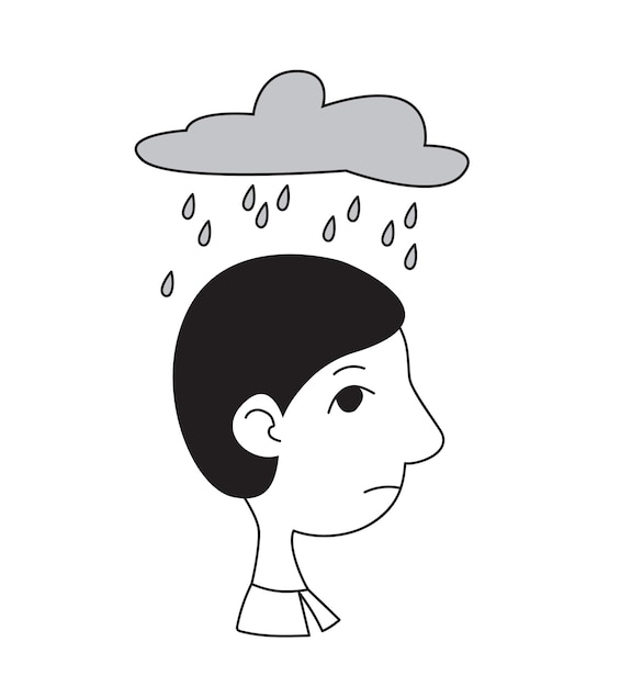 雲と雨が彼の上にある横顔の男の頭概念心理的問題うつ病 プレミアムベクター