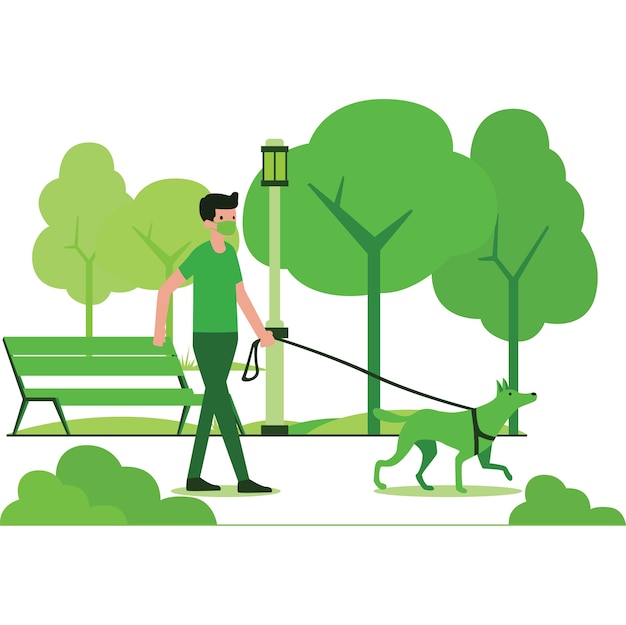 公共の公園のイラストで犬を散歩する男 プレミアムベクター