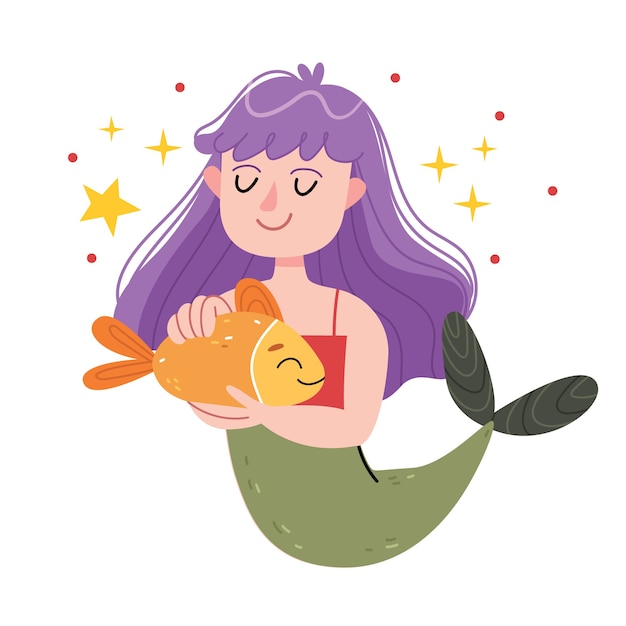 紫の髪の人魚が魚を抱きしめます 水中世界 おとぎ話 子供のイラスト 児童書のイラスト かわいいポスター サイレン 海のテーマ プレミアムベクター