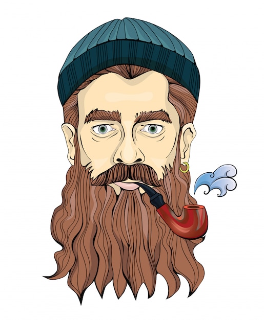 ひげがパイプを吸う中年男性 ニット帽のセーラーや漁師 白の肖像画のイラスト プレミアムベクター