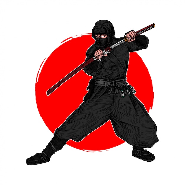 忍者忍は 彼のカタナと敵と戦うために 手描きのイラスト プレミアムベクター