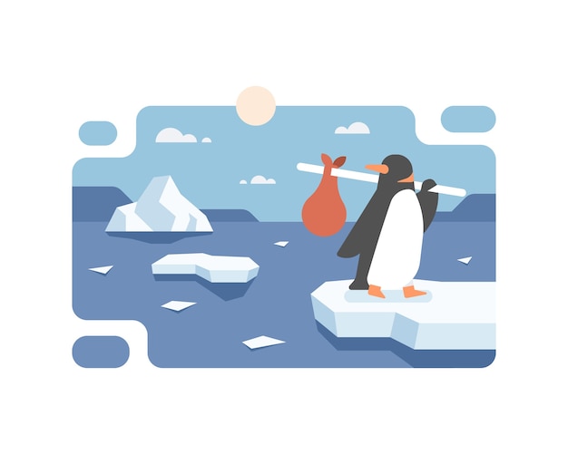 地球温暖化により南極から移動するペンギン プレミアムベクター