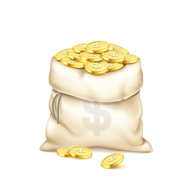 白い背景で隔離の金貨の山と現実的な古いバッグ 金貨の山 ドル記号付きのバッグ 賞金のコンセプト 富とお金の蓄積のテーマ 3dイラスト プレミアムベクター