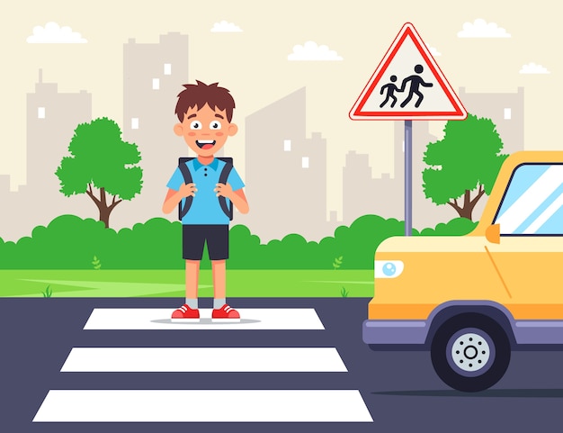 男子生徒が横断歩道で道路を横断します 車は歩行者を通り過ぎます 子供たちは道路標識に注意してください フラットなイラスト プレミアムベクター