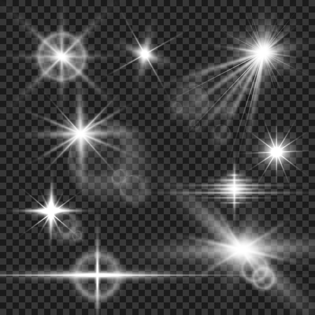 明るく美しい星のセット 光の効果 輝く星 イラストの美しい光 クリスマスの星 白い輝きが特別な光の効果を照らします 透明な背景の上で輝きます プレミアムベクター