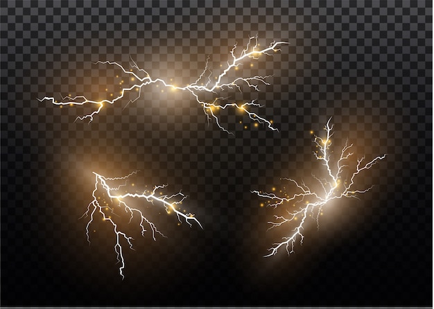 ライトニングマジックと明るいライトエフェクトのセット 図 放電電流 充電電流 自然現象 エネルギー効果の図 明るい光のフレアと火花 プレミアムベクター