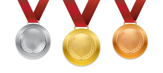 赤いリボンのイラストがリアルな3 Dチャンピオンゴールドシルバーとブロンズメダルのセット プレミアムベクター