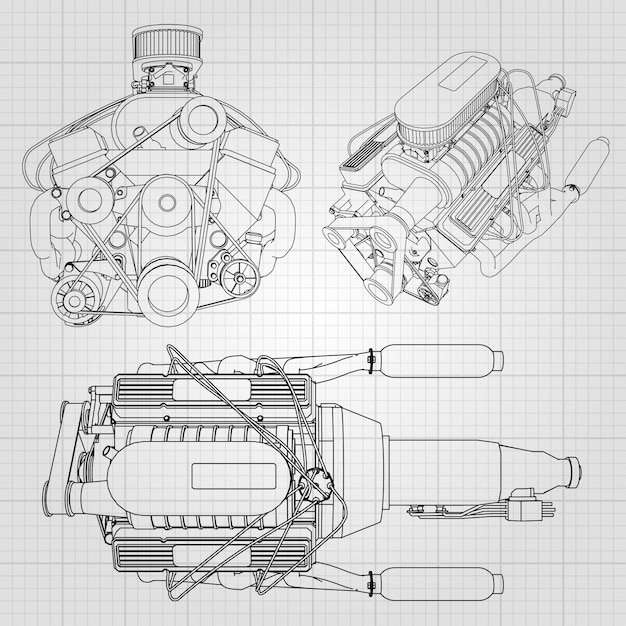 強力な自動車エンジンのいくつかの種類のセット エンジンはケージの白いシートに黒い線で描かれています プレミアムベクター