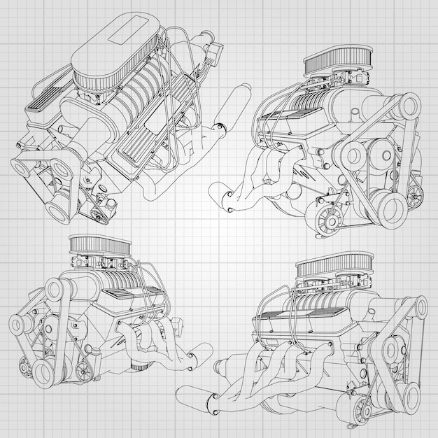 強力な自動車エンジンのいくつかの種類のセット エンジンはケージの白いシートに黒い線で描かれています プレミアムベクター