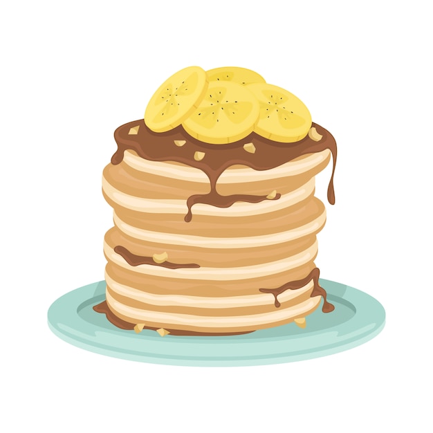 バナナ チョコレートソース ナッツ入り揚げパンケーキのスタック おいしい朝食 漫画イラスト プレミアムベクター