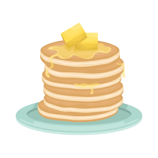 プレミアムベクター バターのスライスと揚げパンケーキのスタック おいしい朝食 漫画イラスト