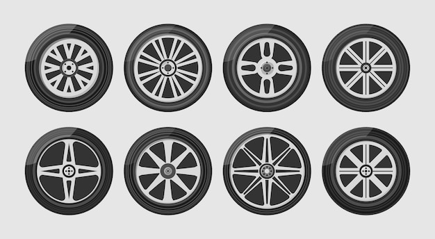 車 バイク トラック Suv用のホイールタイヤ 車の車輪アイコンのセットです ラウンドと輸送 自動車設備 フラットなデザインのイラスト プレミアムベクター