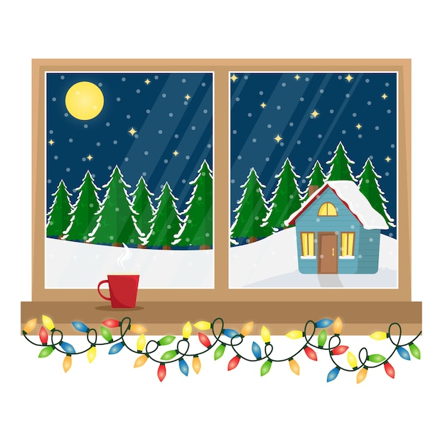 森の中に飾られた家の景色を望む窓 ガーランドとクリスマスウィンドウ 漫画イラスト プレミアムベクター