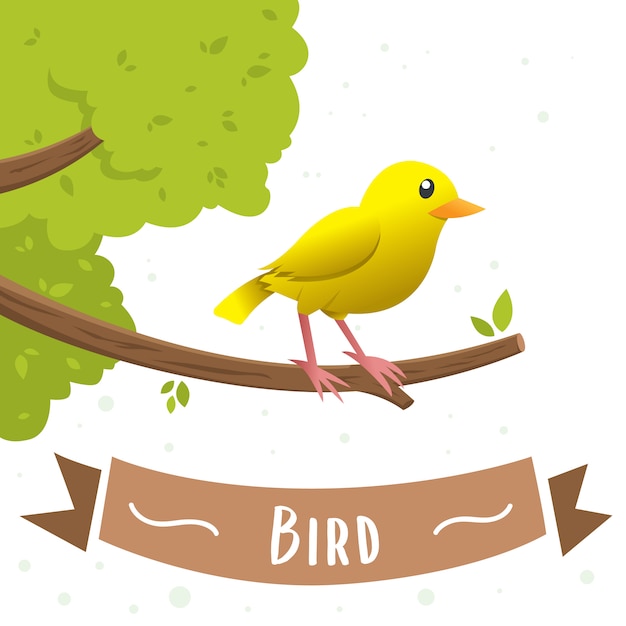 プレミアムベクター 枝に座っている黄色の鳥の漫画のキャラクター 小さな黄色の鳥 カナリア ベクトルイラスト