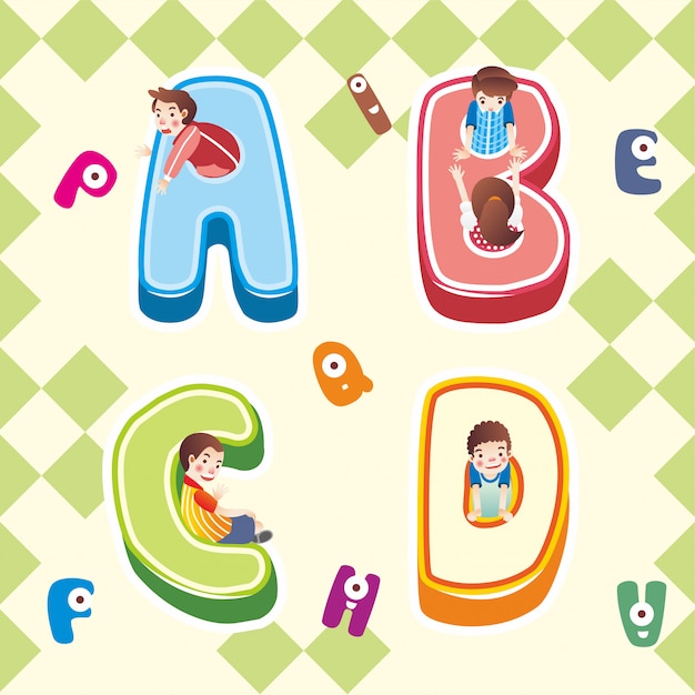Abcアルファベットアイコン アルファベットabcアイコンイラスト内で遊ぶ子供 プレミアムベクター