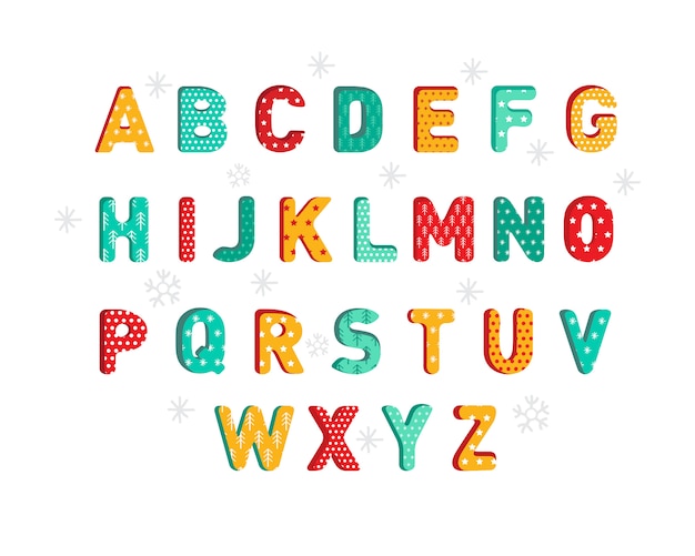 Abc カラフルな新年や白い背景で隔離のクリスマスのアルファベット 子供の休日スタイルの3d文字 創造的な黄色 緑 赤のコミックフォントの高詳細 漫画 イラスト プレミアムベクター