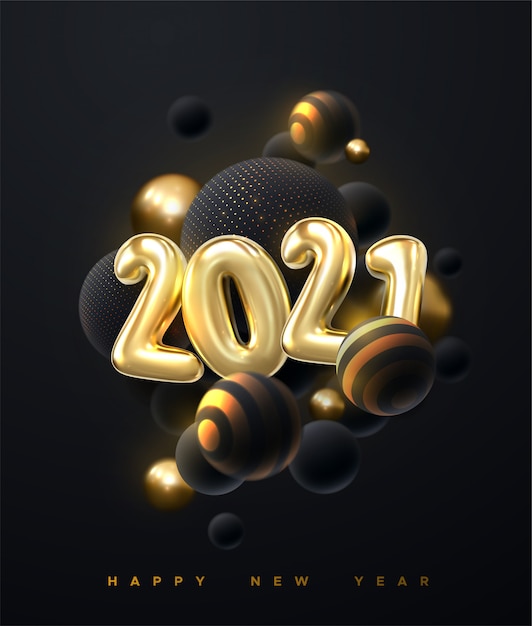 3 D球クラスターと抽象的な背景 黄金と黒の泡 ハッピーニュー21年 黄金の金属数字21の休日イラスト プレミアムベクター