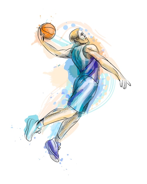 水彩のスプラッシュからボールで抽象的なバスケットボール選手 手描きのスケッチ 塗料のイラスト プレミアムベクター