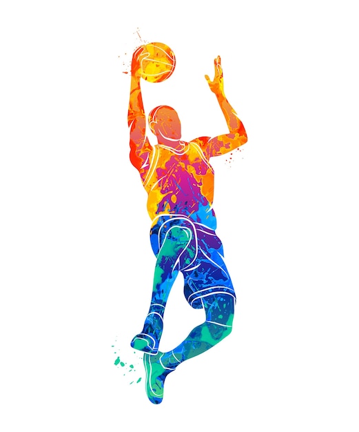 水彩絵の具のスプラッシュからボールを持つ抽象的なバスケットボール選手 塗料のイラスト プレミアムベクター