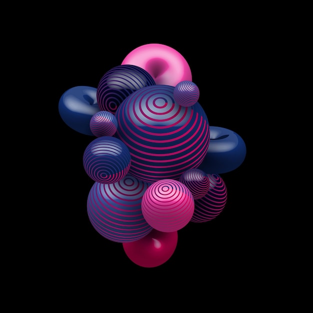 黒の背景にランダムに飛んでいる抽象的な青とピンクのグラデーションカラー装飾的なリアルなボール プレミアムベクター