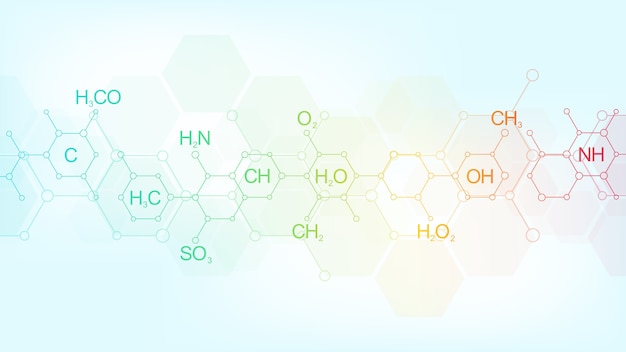 化学式と分子構造を持つ柔らかい青色の背景に抽象的な化学パターン 科学と革新技術のコンセプトとアイデアを備えたテンプレートデザイン プレミアムベクター