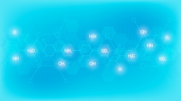 化学式と分子構造を持つ柔らかい青色の背景に抽象的な化学パターン 科学とイノベーション技術のコンセプトとアイデアを備えたテンプレートデザイン プレミアムベクター